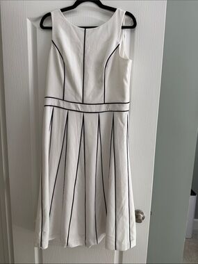 White House Black Market White Midi Dress with Black Piping